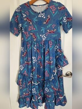 Girls' Slate Blue Floral & Butterfly Ruffle Dress